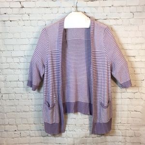 Sonoma Open Front Cardigan Purple White Striped 3/4 Sleeve 2X
